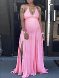Pink V-neck Spaghetti Strap Halter Neck Backless Cami Slit Baby Shower Plus Size Maternity Maxi Dress Maternity