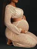 Apricot Knit Coverup Dress Mesh Bodycon Beach Hollow Out Midi Crochet Maternity Cut Out Dress Maternity