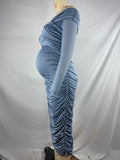 Blue Ruched Off Shoulder Cross Chest Bodycon Elegant Wedding Guest Maternity Photoshoot Midi Dress Maternity