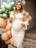 Ruffle Off Shoulder Long Sleeve Bodycon Baby Shower Maternity Midi Dress Maternity