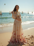 Two Piece Boho Flower Printing Off Shoulder Chiffon Crop Bandeau Photoshoot Maternity Maxi Dress Maternity