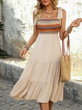 Shoulder Square Neck Tiered Midi Dress DJPT