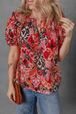 Print Split Neck Short Puff Sleeve Blouse DJPT