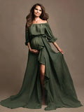 Solid Color Off Shoulder Backless Ruffle Crop Side Slit 2-in-1 Photoshoot Maternity Maxi Dress Maternity