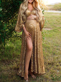 Golden Sparkly Sequin Side Slit Flare Sleeve Elegant Evening Gown Boho Maternity Photoshoot Baby Shower Party Maxi Dress Maternity