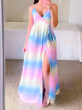 Pink-Blue Ombre V-neck Spaghetti Strap Cami Slit Boho Gender Reveal Party Maternity Maxi Dress Maternity