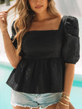 Square Neck Puff Sleeve Peplum Blouse DJPT