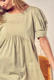 Cotton Span Knit With Puff Sleeve Baby Doll Top DJPT