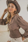 Smoking Waist Band and Puff Sleeves Deep V Neck Top DJPT