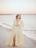 Ivory White Single Breasted Open Front Big Swing Deep V-neck Robe Elegant Wedding Gown Maternity Boho Photoshoot Baby Shower Maxi Dress Maternity