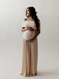 Apricot Off Shoulder Ruched Pleated Big Swing Maternity Baby Shower Maxi Dress Maternity