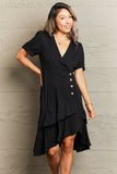 Decorative Button Surplice Ruffle Hem Dress DJPT