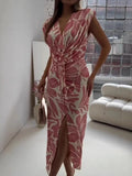 Size Slit Printed V-Neck Midi Dress Plus Size DJPT