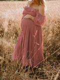 Pink Boho Flowy Bump Friendly Off Shoulder Photoshoots Maxi Dress Maternity