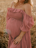 Pink Boho Flowy Bump Friendly Off Shoulder Photoshoots Maxi Dress Maternity