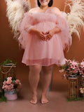 Grenadine Pink Off Shoulder Ruffle Tulle Tutu Plus Size Baby Shower Maternity Mini Dress Maternity