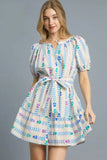 Printed Tie Waist Puff Short Sleeve Mini Dress DJPT