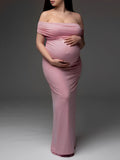 Pink Off Shoulder Belly Friendly Ruched Boat Neck Bodycon Photoshoot Maternity Maxi Dress Maternity