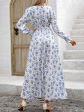 Printed V-Neck Flounce Sleeve Dress DJPT