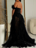 Bandeau Off Shoulder Feather Tulle Tutu Grenadine Photoshoot Maternity Maxi Dress Maternity