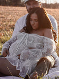 White Lace Off Shoulder Bow Drawstring Ruffle Flare Sleeve Elegant Baby Shower Maternity Mini Dress Maternity