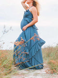 Boho Solid Color Ruffle Halter Neck Backless Tie Back V-Neck Holiday Gowns Photoshoot Maternity Maxi Dress Maternity