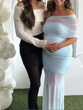 Light Blue Mesh Off Shoulder Ruched Mermaid Elegant Maternity Baby Shower Maxi Dress Maternity