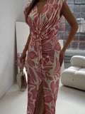 Size Slit Printed V-Neck Midi Dress Plus Size DJPT