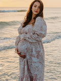 Ruffle Ruched High Waist Puff Sleeve Cute Photoshoot Maternity Maxi Dress Maternity