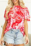 Print Ruffled Short Sleeve Mock Neck Blouse DJPT