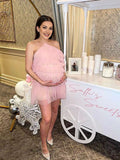Pink Ruffle Tulle Halter Neck Backless Irregular Babyshower Maternity Mini Dress Maternity