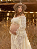 Boho Lace Off Shoulder Lace Tassel Crop 2-in-1 Side Slit Ruffle Photoshoot Maternity Maxi Dress Maternity