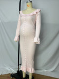 Pink Knit Falbala Ruffle Hem Single Breasted Flare Sleeve Bodycon Elegant Hoing Out Maternity Babyshower Maxi Sweater Dress Maternity