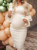 Ruffle Off Shoulder Long Sleeve Bodycon Baby Shower Maternity Midi Dress Maternity