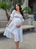 White Off Shoulder Ruffle Shirred Boat Neck Puff Sleeve Bow Bohemian Ivory Maternity Photoshoot Dress Maternity