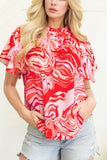 Print Ruffled Short Sleeve Mock Neck Blouse DJPT