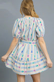 Printed Tie Waist Puff Short Sleeve Mini Dress DJPT