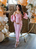 Pink Off Shoulder Bandeau Ribbed Pleated Bodycon Puff Sleeve Evening Gown Baby Shower Maternity Maxi Dress Maternity