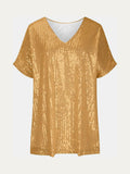 Size Sequin V-Neck Short Sleeve Top DJPT