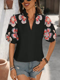 Print Notched Puff Sleeve Blouse DJPT