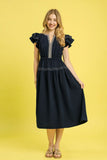 Ruffled Cap Sleeve Midi Dress with Contrast Trim Detail DJPT