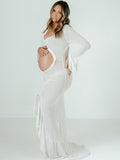 Ivory Sheer Ruffle Cut Out Crop Slit Falbala Deep V-neck Mermaid Elegant Maternity Photoshoot Maxi Dress Maternity