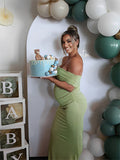 Off Shoulder Lace Sheer Splicing Ruched Baby Shower Maternity Maxi Dress Maternity