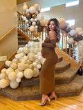 Brown Off Shoulder Long Sleeve Bodycon Elegant Going Out Maternity Photoshoot Baby Shower Party Maxi Dress Maternity