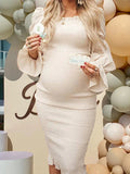 Ruffle Off Shoulder Long Sleeve Bodycon Baby Shower Maternity Midi Dress Maternity