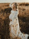Boho Lace Off Shoulder Lace Tassel Crop 2-in-1 Side Slit Ruffle Photoshoot Maternity Maxi Dress Maternity