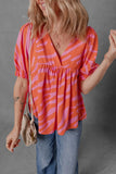 Stripe Print Ruched Cuff Half Sleeve V Neck Blouse DJPT
