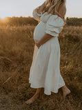 White Ruffle Ruched High Waist Puff Sleeve Cute Photoshoot Maternity Maxi Dress Maternity