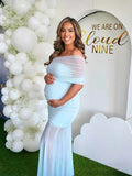 Light Blue Mesh Off Shoulder Ruched Mermaid Elegant Maternity Baby Shower Maxi Dress Maternity