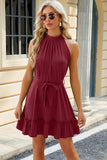 Grecian Neck Tie Waist Mini Dress DJPT